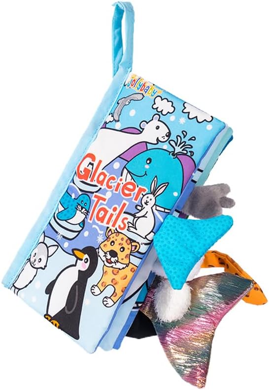 HECCEI Baby Cloth Books Soft Baby Book 0-6 Months Crinkle Books with Tail Touch and Feel Sensory Toys for Infant Tummy Time for 3 Months+, Glacier Tails