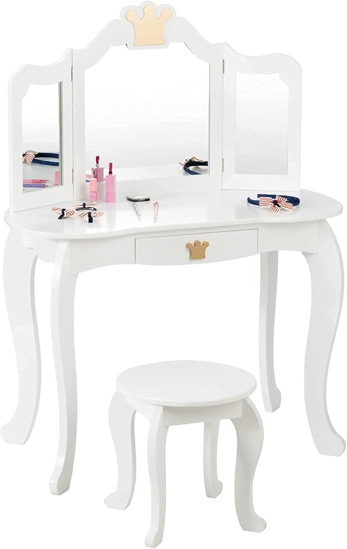 HONEY JOY Kids Vanity, Crown Themed Toddler Dressing Makeup Table and Chair Set w/Drawer & Tri-Folding Mirror, Detachable Mirror, Princess Pretend Play Girls Vanity Set with Mirror and Stool(White)