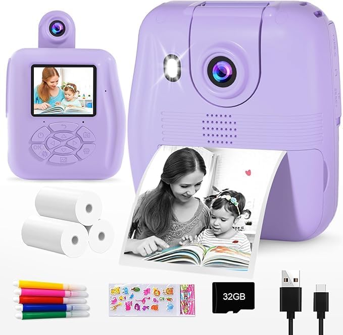 GKTZ Kids Camera - 1080P Instant Digital Print Camera for Kids - Christmas & Birthday Gifts for 3-12 Year Old Girls and Boys, Portable Toy with 32GB SD Card & 3 Roll of Printing Paper - Ultimate
