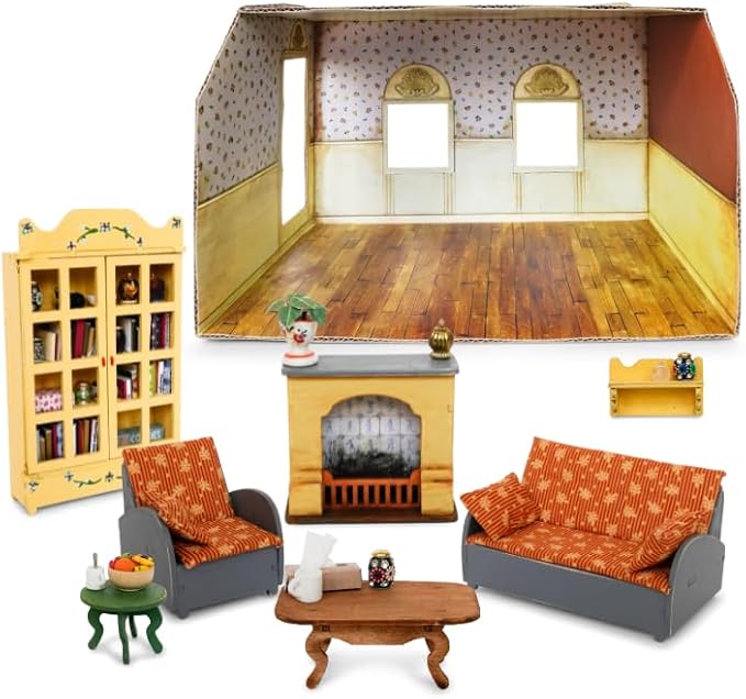 Living Room Dollhouse Craft Kit – Easy to Build & Paint Living Room with Fireplace | Cardboard Room + 7 Wooden Pieces + Decoration Sheets | 1:12 Scale | Sam & Julia's Mouse Mansion