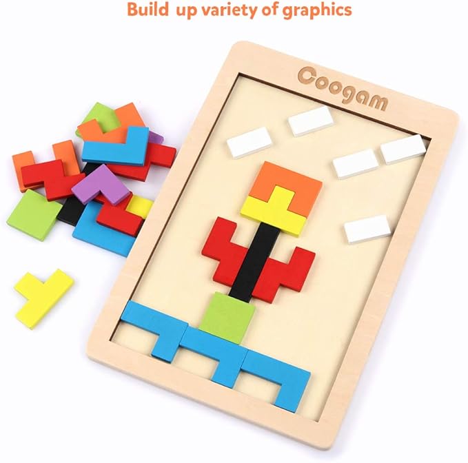 Coogam Wooden Blocks Puzzle Brain Teasers Toy Tangram Jigsaw Intelligence Colorful 3D Russian Blocks Game STEM Montessori Educational Gift for Kids (40 Pcs)