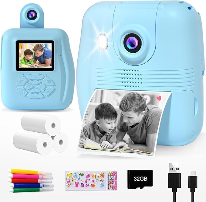 GKTZ Kids Digital Camera with 32GB SD Card - Toddler Instant Print Camera with 2.4" IPS HD Screen, 1080P, 2000mAh Battery - Christmas & Birthday Gifts for 3-12 Year Old Boys and Girls, Blue