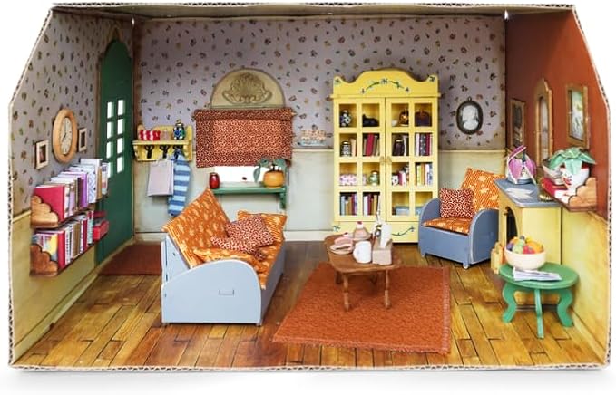 Living Room Dollhouse Craft Kit – Easy to Build & Paint Living Room with Fireplace | Cardboard Room + 7 Wooden Pieces + Decoration Sheets | 1:12 Scale | Sam & Julia's Mouse Mansion