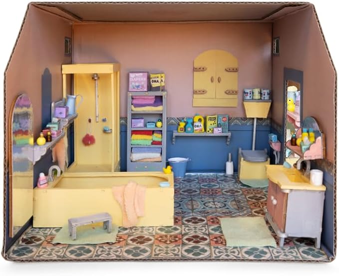 Bathroom Dollhouse Craft Kit – Easy to Build & Paint Miniature Bathroom | Cardboard Room + 9 Wooden Pieces + Decoration Sheets | 1:12 Scale | Sam & Julia's Mouse Mansion
