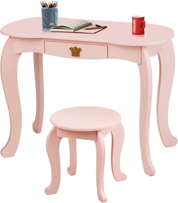 HONEY JOY Kids Vanity, Crown Themed Toddler Dressing Makeup Table and Chair Set w/Drawer & Tri-Folding Mirror, Detachable Mirror, Princess Pretend Play Girls Vanity Set with Mirror and Stool(Pink)