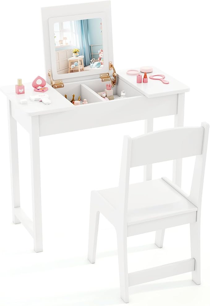 HONEY JOY Kids Vanity, Wooden Girls Vanity Desk with Flip Top Mirror, Hidden Storage Space, Toddler Makeup Vanity Dressing Table, Pretend Play Kids Vanity Table and Chair Set (White)