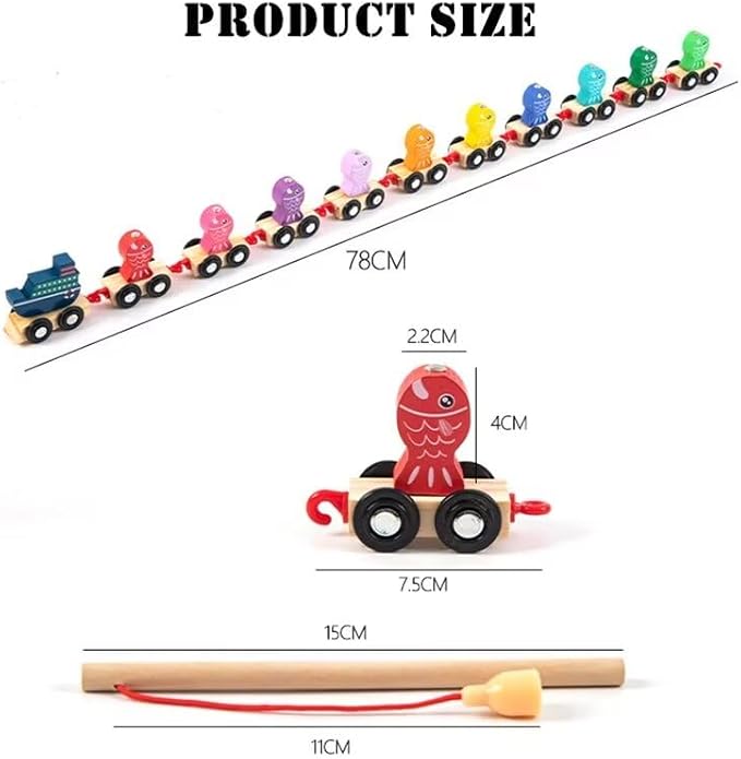 Magnetic Fishing Game for Kids, Wooden Train Set with Numbers Montessori Counting Toys, Preschool Math Learning Educational Game Birthday Gift Fine Motor Skill Toy for Toddlers