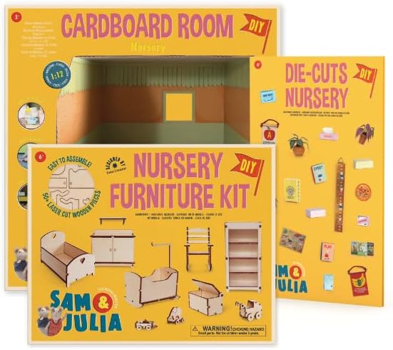 Nursery Dollhouse Craft Kit – Easy to Build & Paint Baby Room | Cardboard Room + 8 Wooden Pieces with Cradle + Decoration Sheets | 1:12 Scale | Sam & Julia's Mouse Mansion