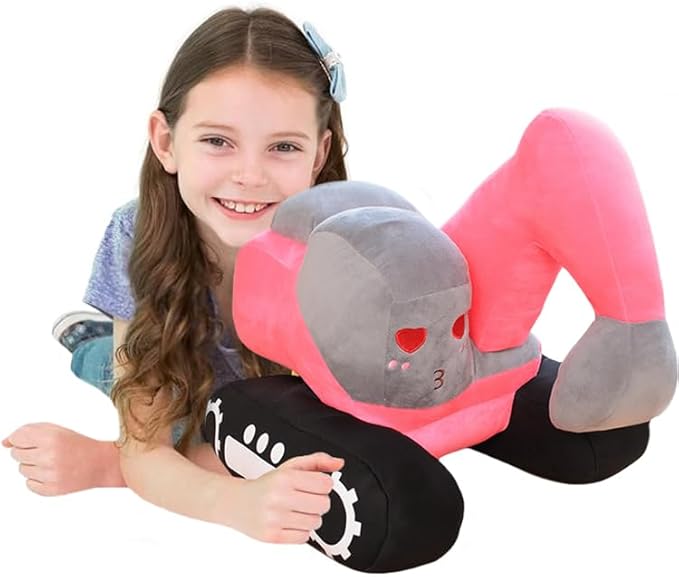 ELAINREN Simulation Pink Excavator Plush Toy Cool Digger Stuffed Gifts for Girls Cartoon Construction Truck Plushie Car Gifts/26x23cm