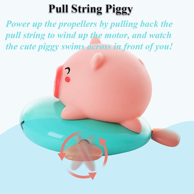Pull String Baby Bath Toy Pull & Go Pink Piggy Cute Swimming Pig Windup Fish Water Spray Squirt Toy Clockwork Bathtub Toy for Toddlers