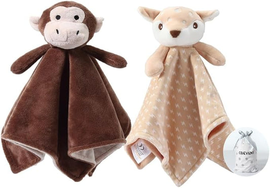 CREVENT Cozy Plush Baby Security Blanket, Loveys for Baby Girls and Boys, Birthday (Deer+Monkey)
