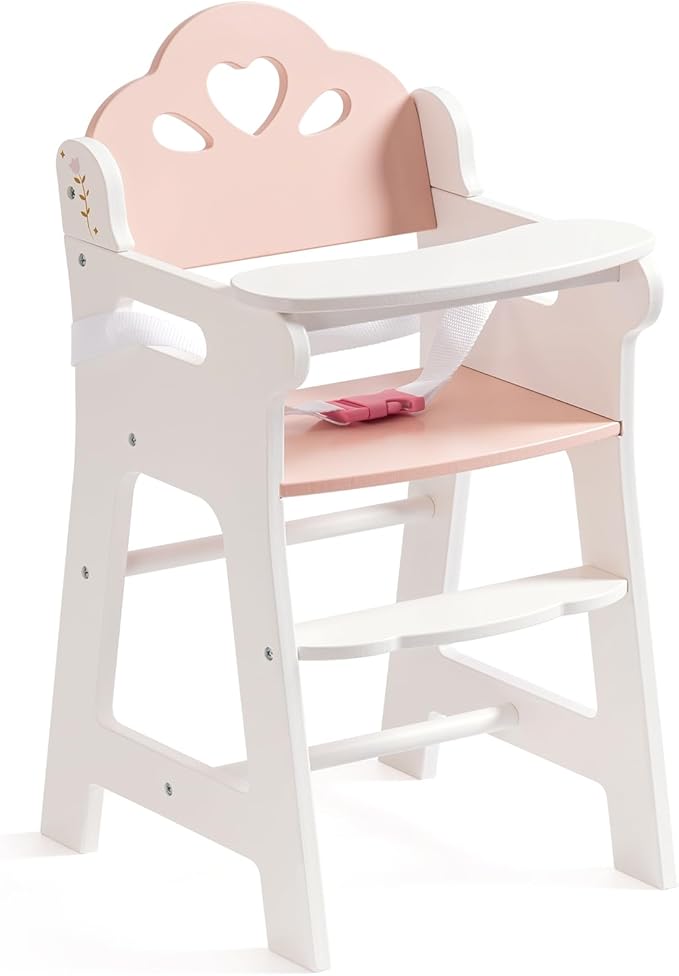 ROBOTIME Baby Doll High Chair, Pretend Play High Chair with Safety Belt and Footrest, Wooden Baby Doll Accessories, Doll Furniture Fits 18-20 Inch Dolls, Gift for Ages 3+ (White)