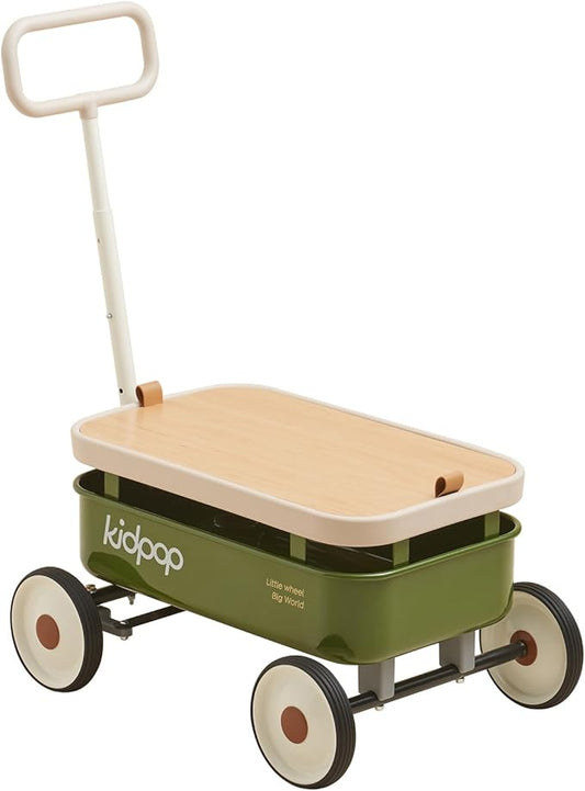 kidpop PULA-Wild 3-in-1 Kids' Pull-Along Wagon Toddlers Push Walker for 2.5-8, Removable Wooden Cover and Adjustable Handlebar, Birthday Gifts Max Weight 33 lbs (Green)