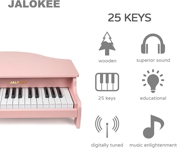 Kids Piano Keyboard, 25 Keys Grand Piano for Kids, Mini Music Educational Instrument Toy, Volume Adjustable, Wood Toy for Toddlers Girls Boys (Pink)