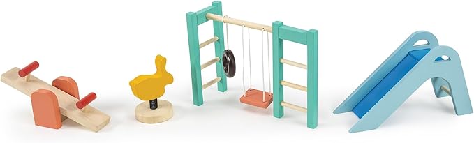 Mentari Toys - Playground Set - Wooden Playground Equipment for Doll House - Interactive Pieces for Small World Play - Encourages Fine Motor Skills and Imaginative Play in Boys and Girls - Age 3+