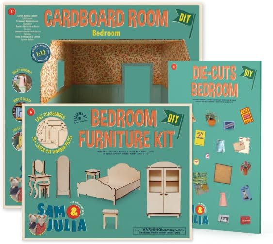 Bedroom Dollhouse Craft Kit – Easy to Build & Paint Miniature Bedroom | Cardboard Room + 6 Wooden Pieces + Decoration Sheets | 1:12 Scale | Sam & Julia's Mouse Mansion