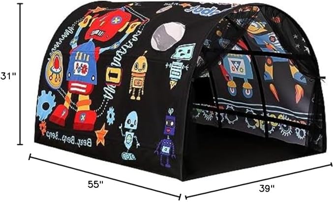 Kids Bed Tent Twin Beds -Cartoons Wonder Play Tents Boys Girls Ventilated Indoor Play Tent Children Promotes Independent Play, Stimulates Imagination Set-Up Playhouse (Robots)