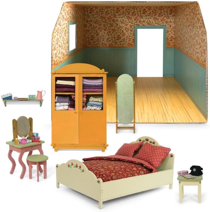 Bedroom Dollhouse Craft Kit – Easy to Build & Paint Miniature Bedroom | Cardboard Room + 6 Wooden Pieces + Decoration Sheets | 1:12 Scale | Sam & Julia's Mouse Mansion