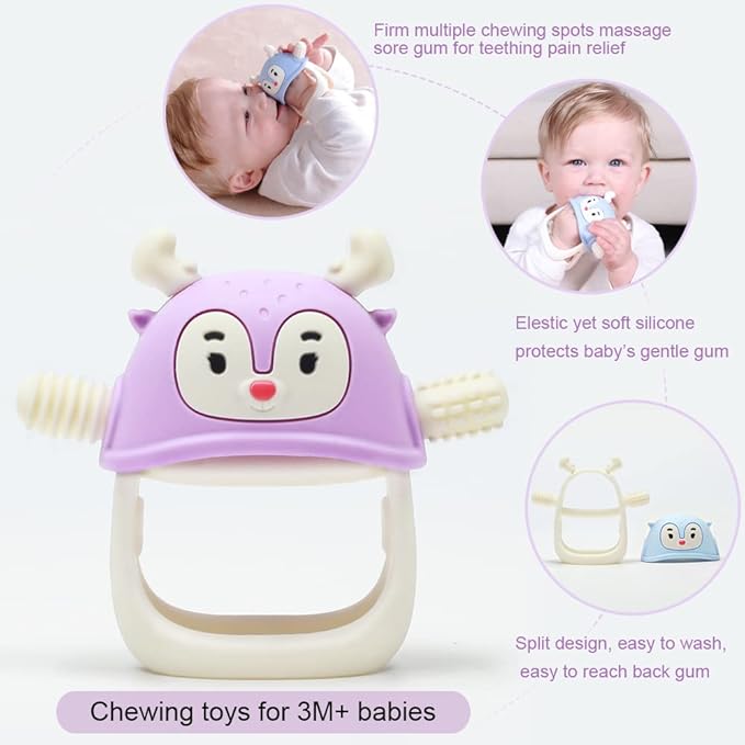 Smily Mia Never Drop Reindeer Silicone Baby Chewing Toy for 3M+ Infants, Easy to Hold Teething Miteen with Soft Textures for Sensory Exploration and Teething Pain Relief-Purple