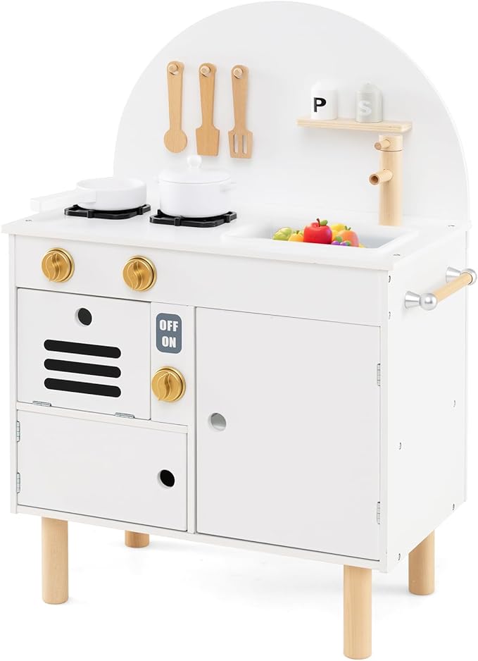 Costzon Kids Kitchen Playset, Little Chef Pretend Play Kitchen w/Stoves, Faucet, Sink, Microwave, Cabinet, Oven & Cooking Accessories, Wooden Play Kitchen for Kids 3+ Years Old (White)