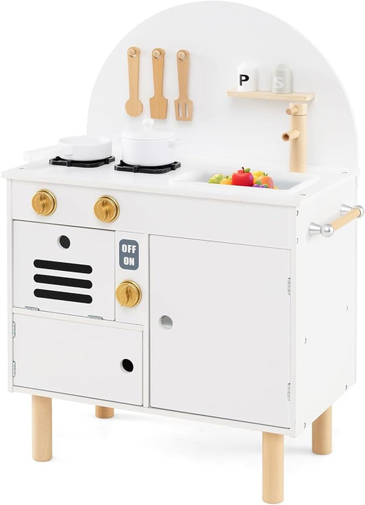 Costzon Kids Kitchen Playset, Little Chef Pretend Play Kitchen w/Stoves, Faucet, Sink, Microwave, Cabinet, Oven & Cooking Accessories, Wooden Play Kitchen for Kids 3+ Years Old (White)