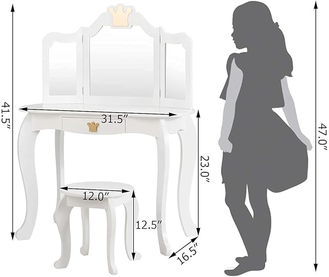 HONEY JOY Kids Vanity, Crown Themed Toddler Dressing Makeup Table and Chair Set w/Drawer & Tri-Folding Mirror, Detachable Mirror, Princess Pretend Play Girls Vanity Set with Mirror and Stool(White)