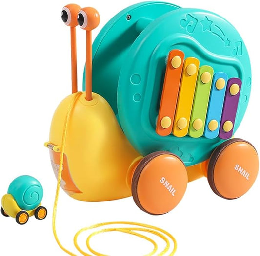 Multifunctional Pull and Go Snail Toy, Fun Xylophone Toy for Babies, Snail Spinning Gears Toy, Detachable Snail Toy with Functiona of Ejecting Little Snail for Toddlers (Cyan)