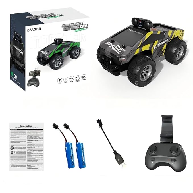 rc car with FPV Camera,Monster Trucks,1:28 Remote Control car Toys with LED Lights,2.4GHz,Real-Time Image Transmission,2 Rechargeable Batteries,Black/Yellow