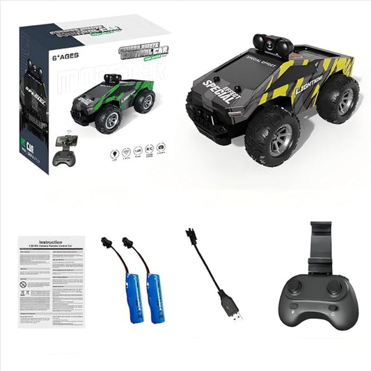 rc car with FPV Camera,Monster Trucks,1:28 Remote Control car Toys with LED Lights,2.4GHz,Real-Time Image Transmission,2 Rechargeable Batteries,Black/Yellow