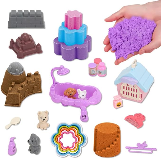 Timetome Pet Sensory Bin, Dog Sandbox for Kids, Kids Play Sand Toys Kit, Pet Play Set with Sensory Sand, Pet Bathroom Play Set, Role Pretend Play Beach Toy Birthday Gift for Girls Boys 3 4 5 6 Years