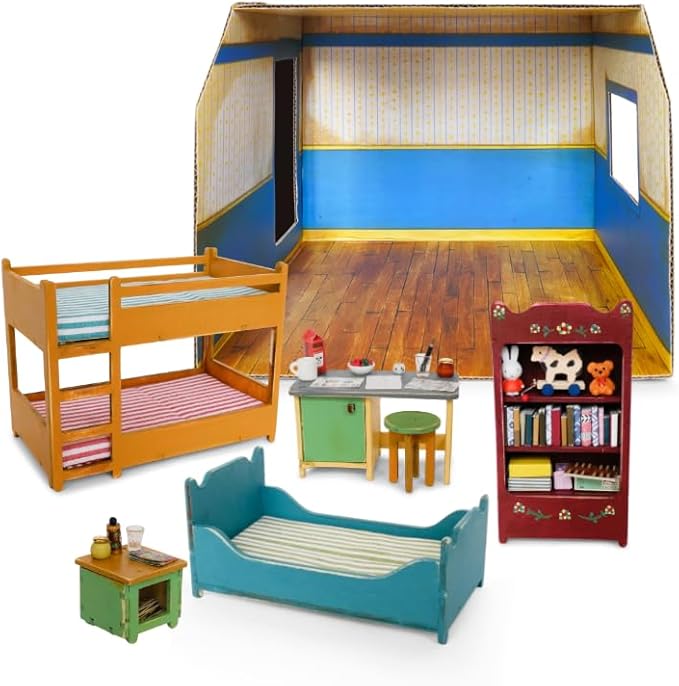 Kids' Bedroom Dollhouse Craft Kit – Easy to Build & Paint Miniature Room | Cardboard Room + 7 Wooden Pieces + Decoration Sheets | 1:12 Scale | Sam & Julia's Mouse Mansion