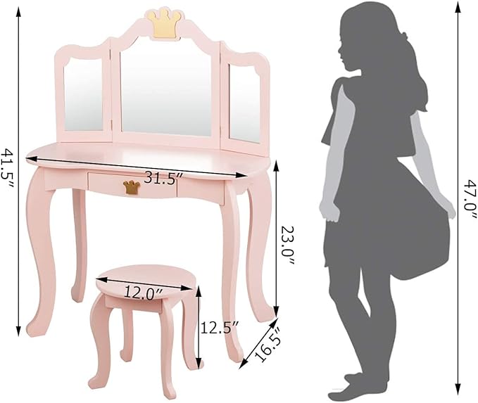 HONEY JOY Kids Vanity, Crown Themed Toddler Dressing Makeup Table and Chair Set w/Drawer & Tri-Folding Mirror, Detachable Mirror, Princess Pretend Play Girls Vanity Set with Mirror and Stool(Pink)