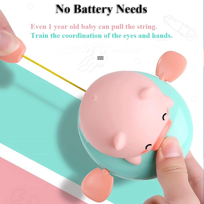 Pull String Baby Bath Toy Pull & Go Pink Piggy Cute Swimming Pig Windup Fish Water Spray Squirt Toy Clockwork Bathtub Toy for Toddlers