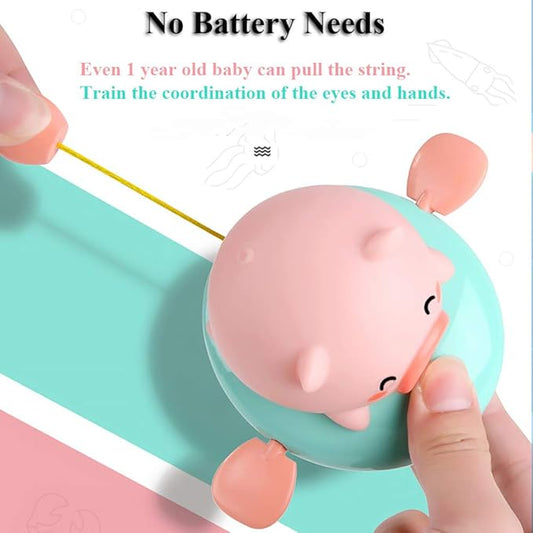 Pull String Baby Bath Toy Pull & Go Pink Piggy Cute Swimming Pig Windup Fish Water Spray Squirt Toy Clockwork Bathtub Toy for Toddlers