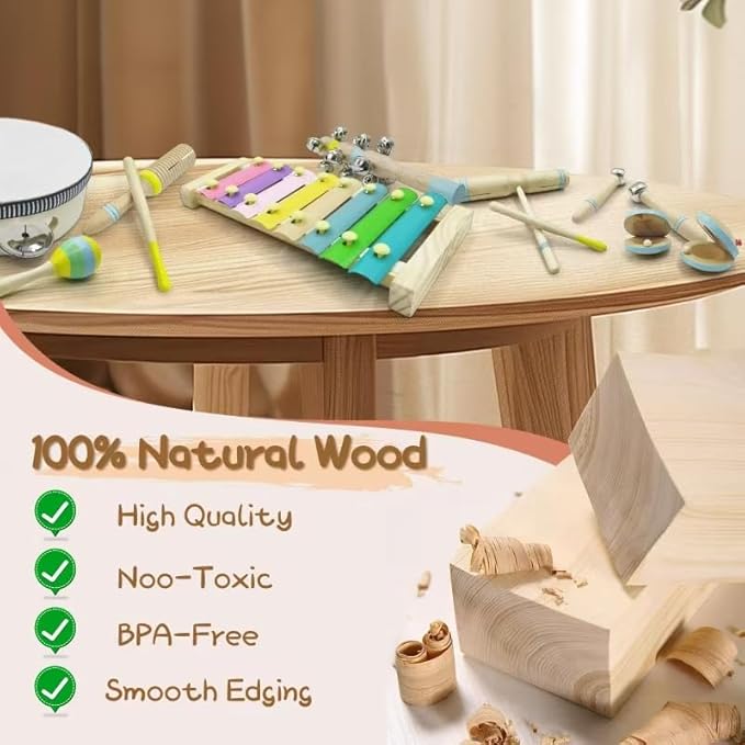 15Pcs Musical Toys for Toddlers 1-3, Baby Musical Instruments Set, Wooden Montessori Toys Percussion, Birthday Gifts for 1 2 3 Year Old Kids Boy Girls