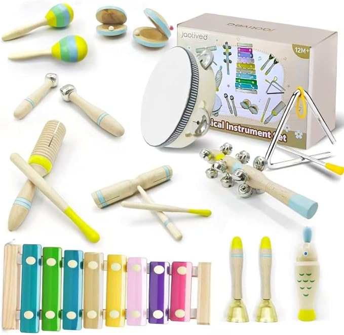 15Pcs Musical Toys for Toddlers 1-3, Baby Musical Instruments Set, Wooden Montessori Toys Percussion, Birthday Gifts for 1 2 3 Year Old Kids Boy Girls