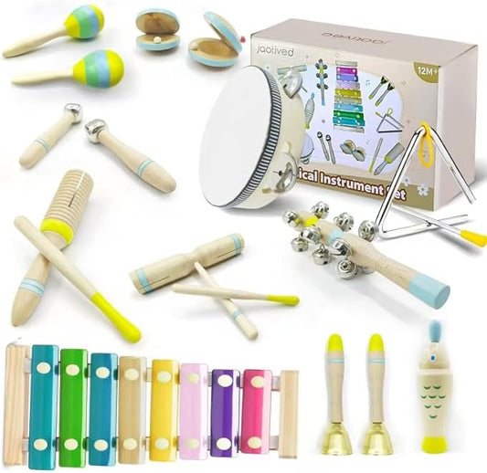 15Pcs Musical Toys for Toddlers 1-3, Baby Musical Instruments Set, Wooden Montessori Toys Percussion, Birthday Gifts for 1 2 3 Year Old Kids Boy Girls