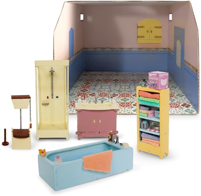 Bathroom Dollhouse Craft Kit – Easy to Build & Paint Miniature Bathroom | Cardboard Room + 9 Wooden Pieces + Decoration Sheets | 1:12 Scale | Sam & Julia's Mouse Mansion