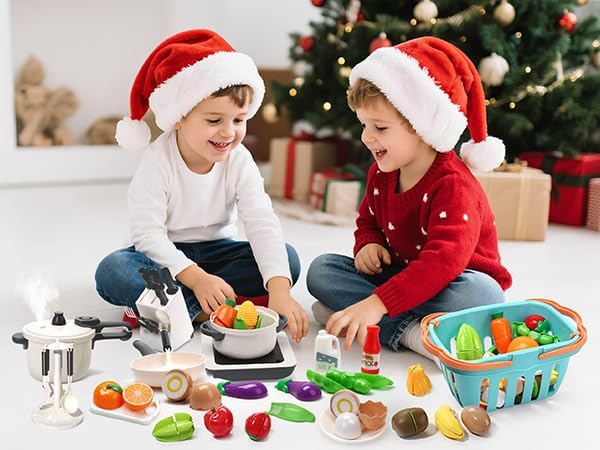 CUTE STONE Pretend Play Kitchen Toy with Cookware Steam Pressure Pot and Electronic Induction Cooktop, Cooking Utensils, Toy Cutlery, Cut Play Food, Shopping Basket Learning Toy for Girls Boys