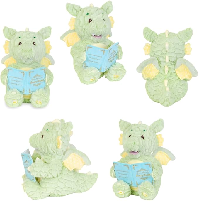 Cuddle Barn - Read-with-Me Dustin | Soft Storytelling Plush with Board Book | Fluffy Green Dragon Stuffed Animal Sways and Moves Mouth | Reads 3 Fairy Tales with Pause and Skip Buttons - 12 inches