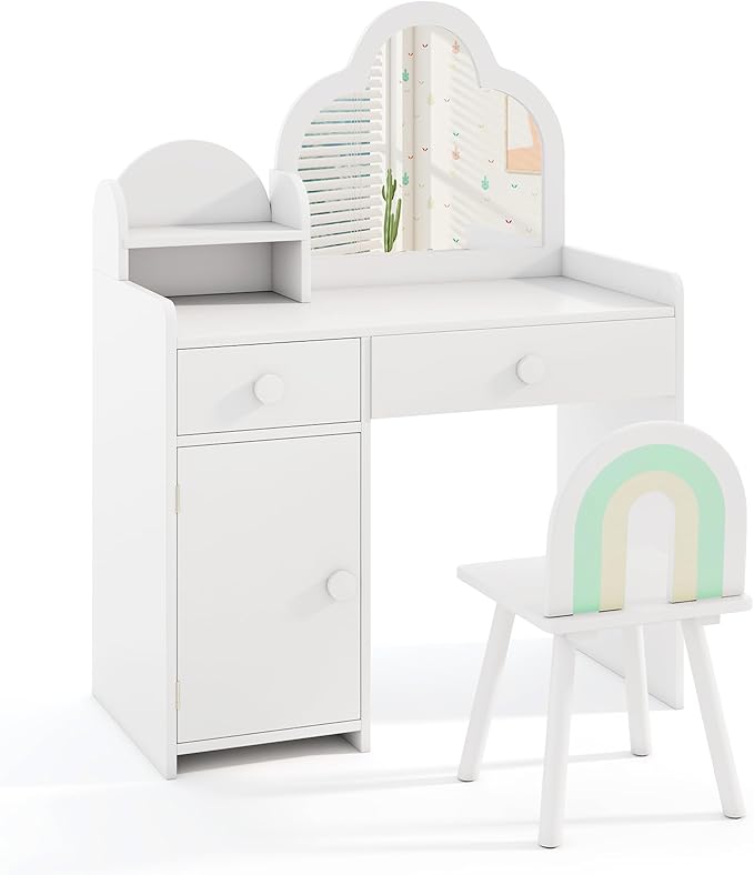 HONEY JOY Kids Vanity, Cloud Shape Wooden Girls Vanity Set with Mirror and Stool, Drawers, Storage Cabinet, Toddler Makeup Desk Dressing Table, Pretend Play Kids Vanity Table and Chair Set (White)