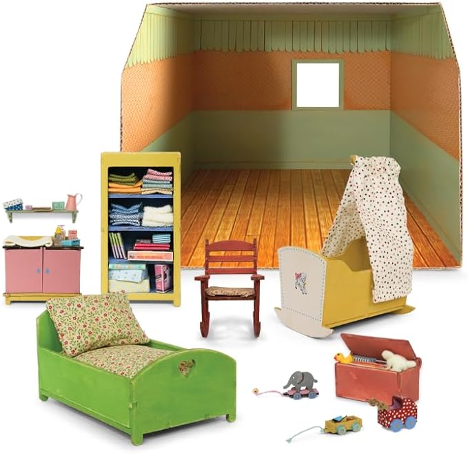 Nursery Dollhouse Craft Kit – Easy to Build & Paint Baby Room | Cardboard Room + 8 Wooden Pieces with Cradle + Decoration Sheets | 1:12 Scale | Sam & Julia's Mouse Mansion