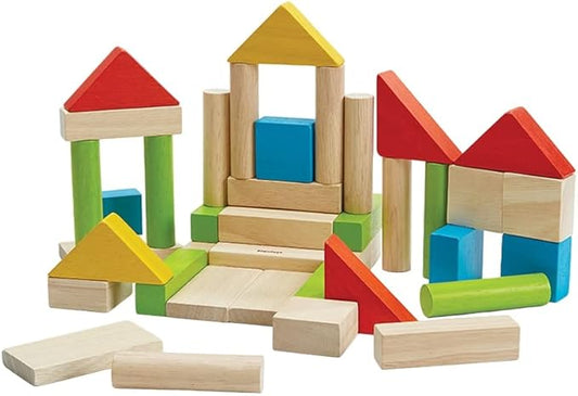 PlanToys® 40 Unit Blocks Wooden Montessori Building and Stacking Toy | Early STEM, Fine Motor, Creativity and Problem Solving Activity | Eco Friendly Educational Open Ended Play Set