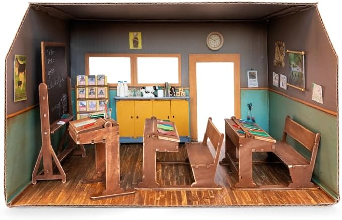 Classroom Dollhouse Craft Kit – Easy to Build & Paint School Room | Cardboard Room + 6 Wooden Pieces + Decoration Sheets | 1:12 Scale | Sam & Julia's Mouse Mansion