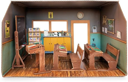 Classroom Dollhouse Craft Kit – Easy to Build & Paint School Room | Cardboard Room + 6 Wooden Pieces + Decoration Sheets | 1:12 Scale | Sam & Julia's Mouse Mansion