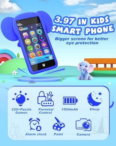 MOMILLA Kids Toys Phone, 3.97" Touchscreen Christmas Birthday Gifts, Toddler Toys Phone with Music Player Puzzle Games 16 GB Storage Alarm Kids Toys for Ages 3-12 Kids (Front Camera Only)