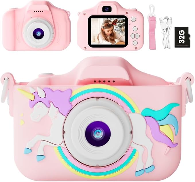Kids Camera Toys for 3-8 Year Old Girls Boys, Toddler Digital Video Camcorder with Cartoon Soft Silicone Cover, Christmas Birthday Gifts for Kids - 32GB SD Card Included