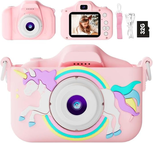 Kids Camera Toys for 3-8 Year Old Girls Boys, Toddler Digital Video Camcorder with Cartoon Soft Silicone Cover, Christmas Birthday Gifts for Kids - 32GB SD Card Included