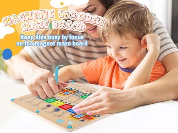 Magnetic Color and Number Maze Toy, Wooden Magnet Balls Puzzles Board, Fine Motor Skills Toddler Activities, Montessori Gift for Boys Girls 3-5 Years Old, Preschool Busy Board for Kids