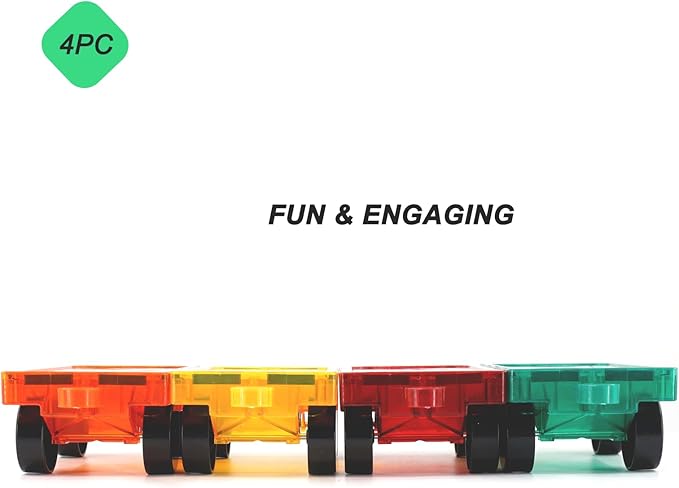 Magnetic Tiles Car Building Kit for Toddlers, 4 PCS Magnet Construction Trucks, STEM Toys for 3-8 Year Old Boys Girls, Educational Vehicle Engineering Set